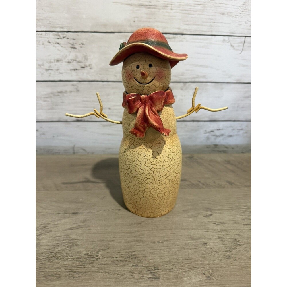 Vintage Snowman Lady 9” Red Hat Scarf Crackle Finish Happy Winter Christmas